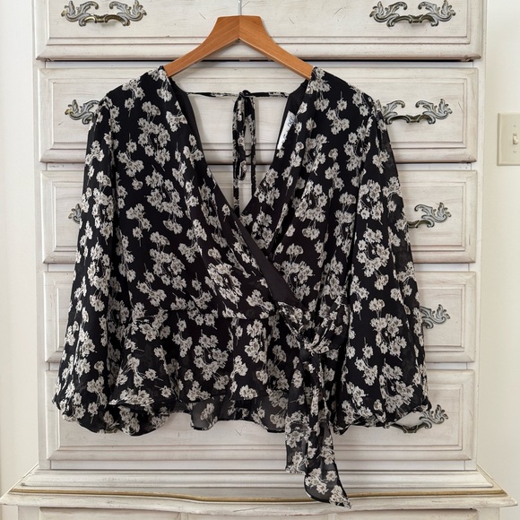 Vici Tops - Black Floral Fairy Faux Wrap Top